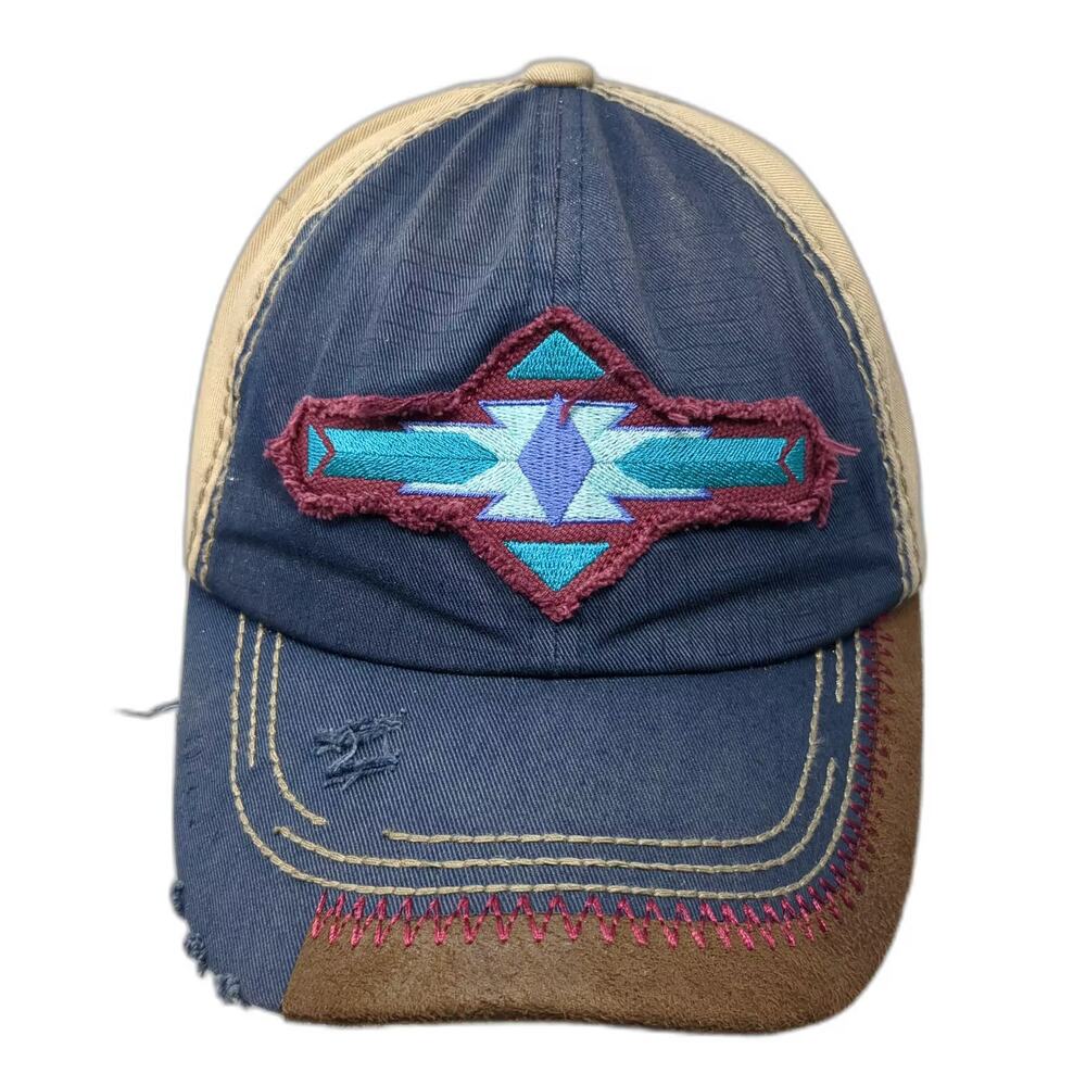 Catchfly Baseball Cap Blue Beige OS Strapback Distressed Aztec Embroidered Hat